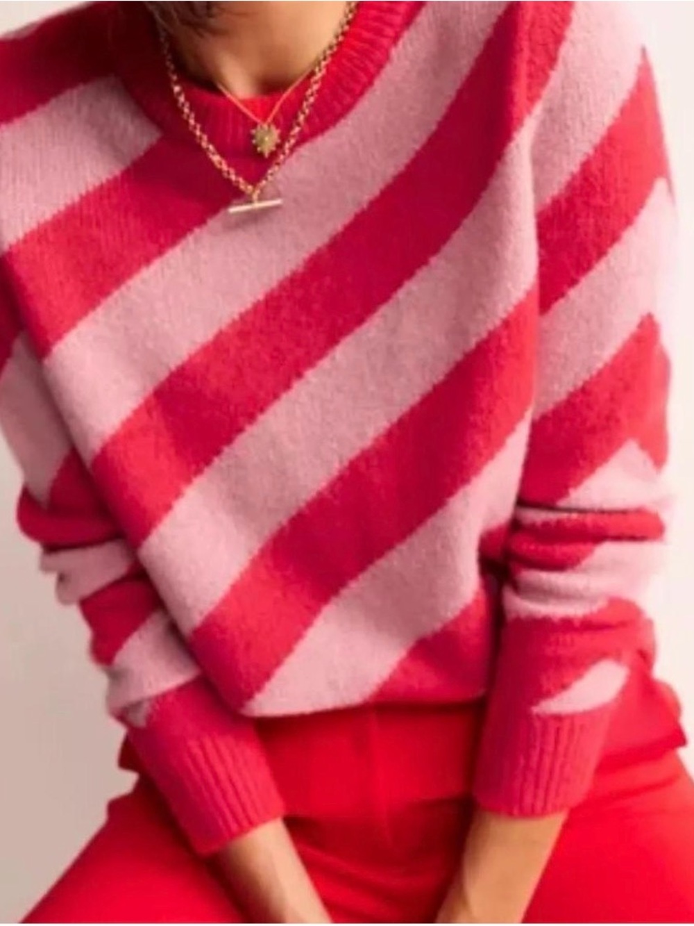 Boden Pink & Red Diagonal Stripe Crewneck Sweater